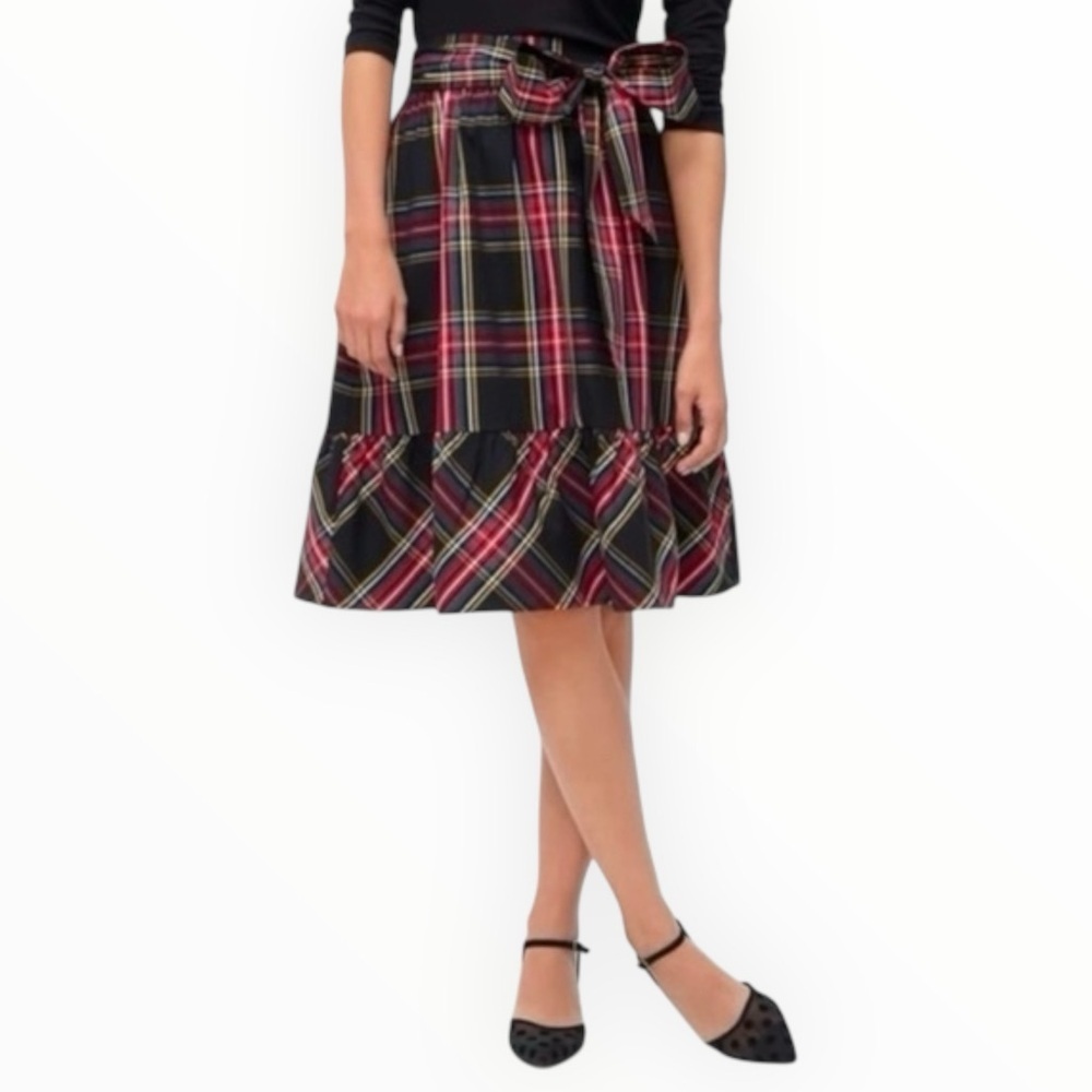 J. CREW Black Multicolor Tartan Plaid A-Line Midi Skirt Bow Holiday Check 0